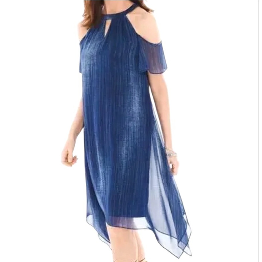CHICO'S Lined Chiffon Dress HALTER COLD SHOULDER Blue Denim-Looking Print SZ M/1